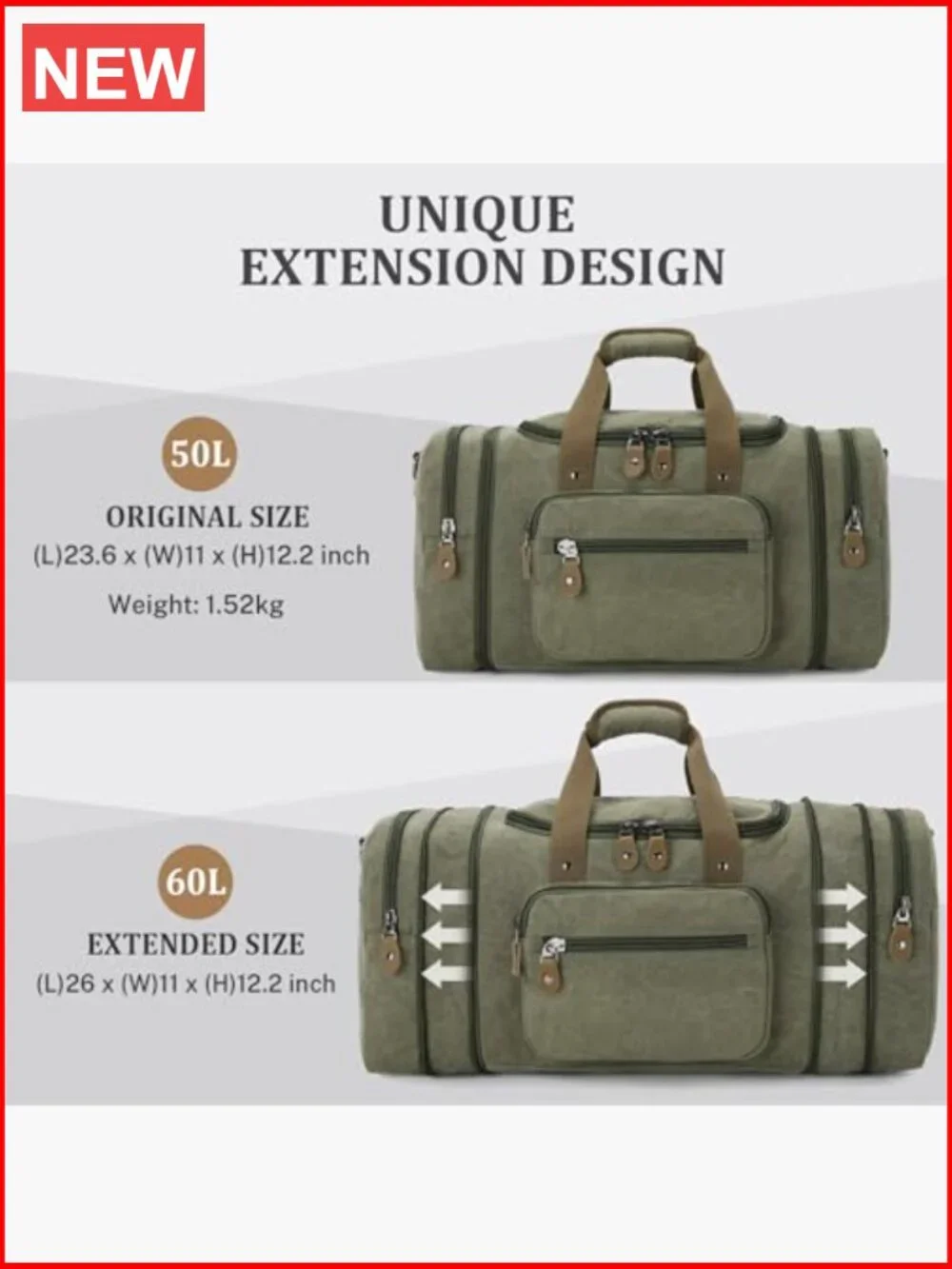 Canvas Duffle 60L Weekender Overnight Bag Travel Luggage